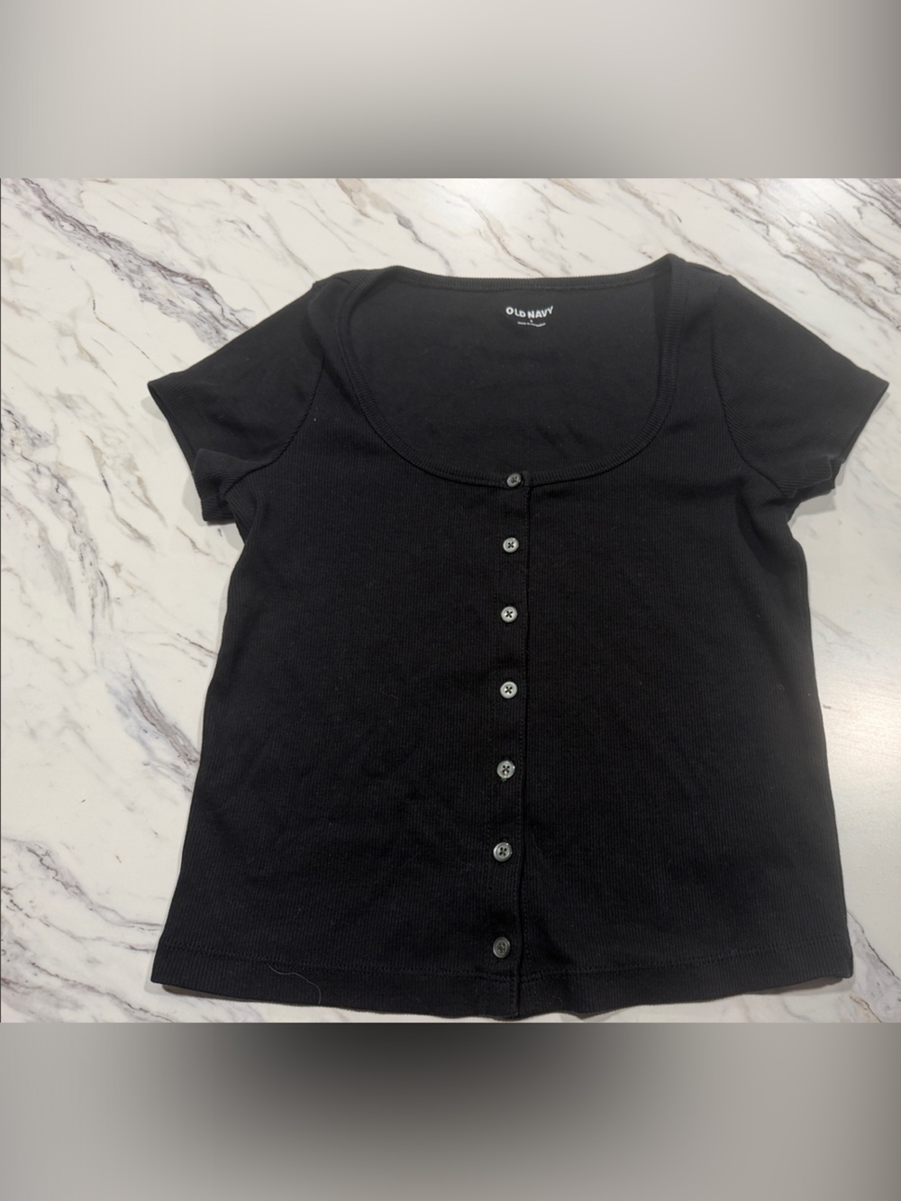 Old Navy Black Short Sleeve Button-Front Ribbed Top